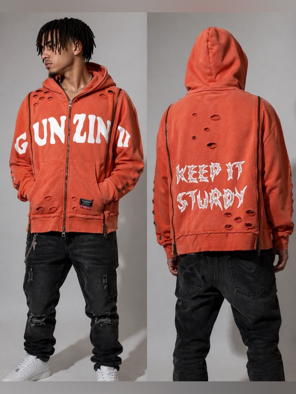 Gunzinii men’s Distressed multi full Zip Hoodie‎ “Keep It Sturdy” orange Small